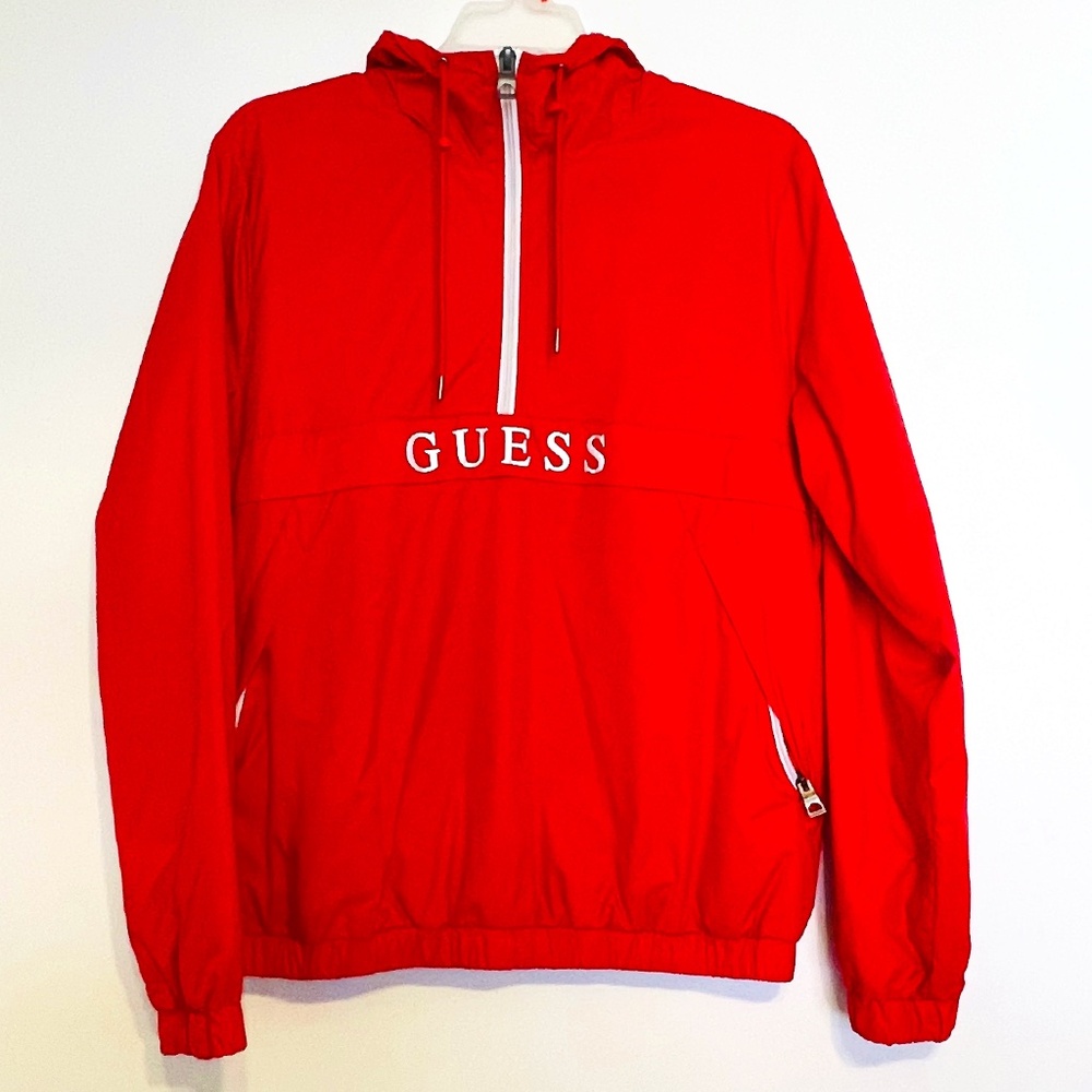 Red Guess Half Zip Long Sleeves Kangaroo Pocket Windbreaker